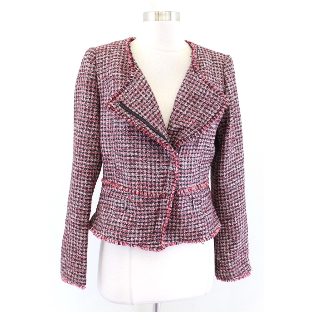 White House Black Market Tweed Moto Blazer Jacket Red Black Metallic Size 0